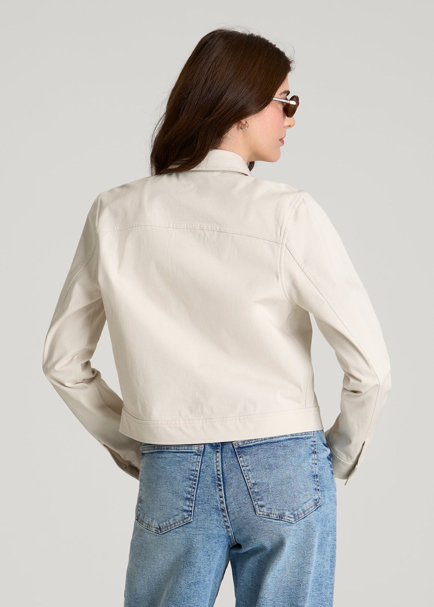 American Tall Women Stretch Commuter Military Cropped Cargo Jacket for Tall Women in White Sand