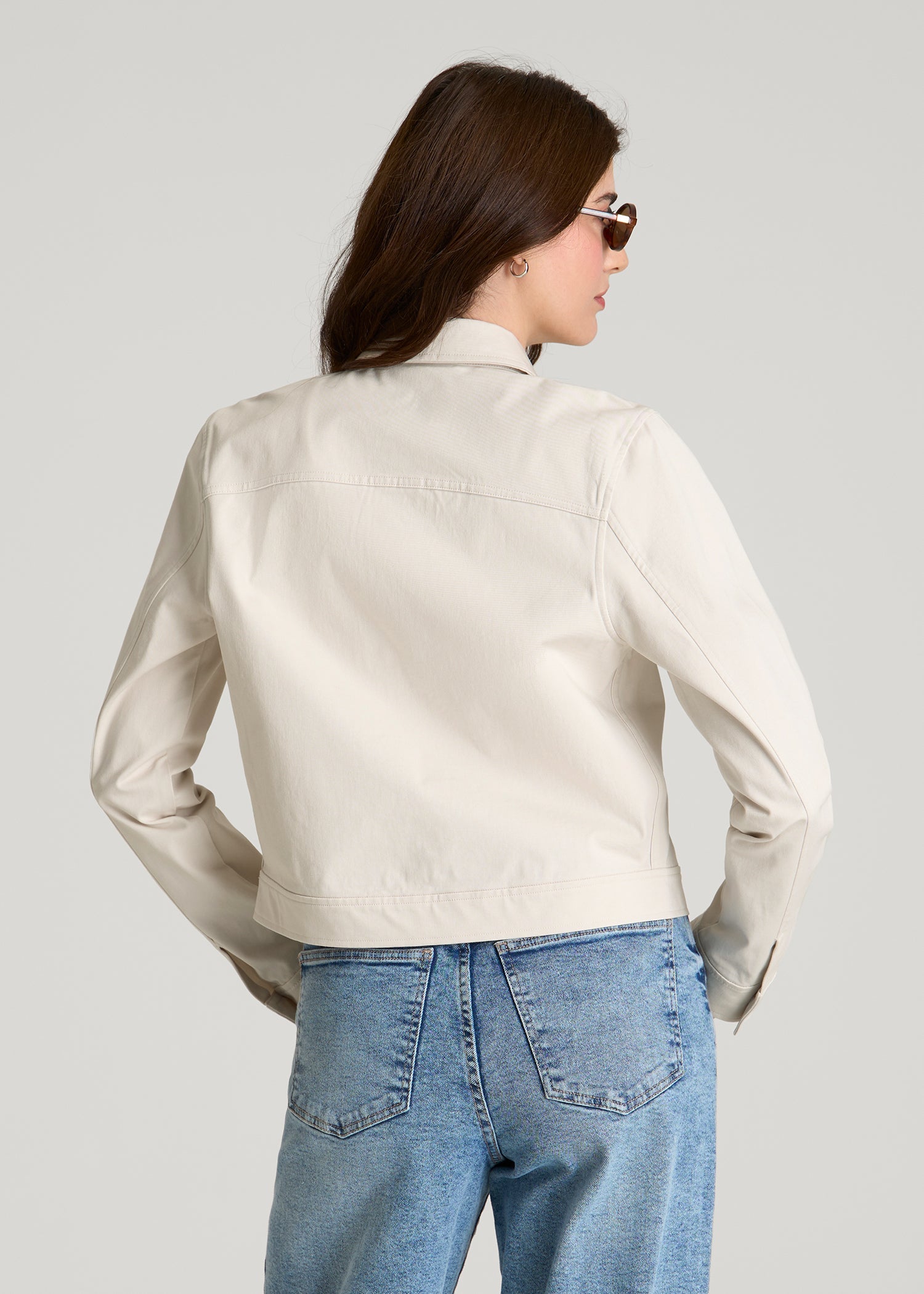 American Tall Women Stretch Commuter Military Cropped Cargo Jacket for Tall Women in White Sand