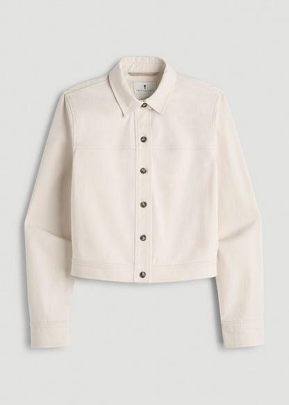 American Tall Women Stretch Commuter Military Cropped Cargo Jacket for Tall Women in White Sand