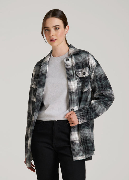 American Tall Women Flannel Shacket for Tall Women in Balsam Green Plaid