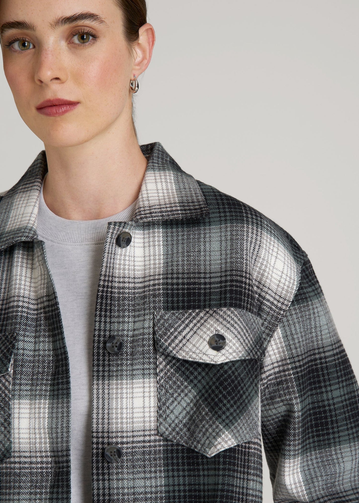 American Tall Women Flannel Shacket for Tall Women in Balsam Green Plaid