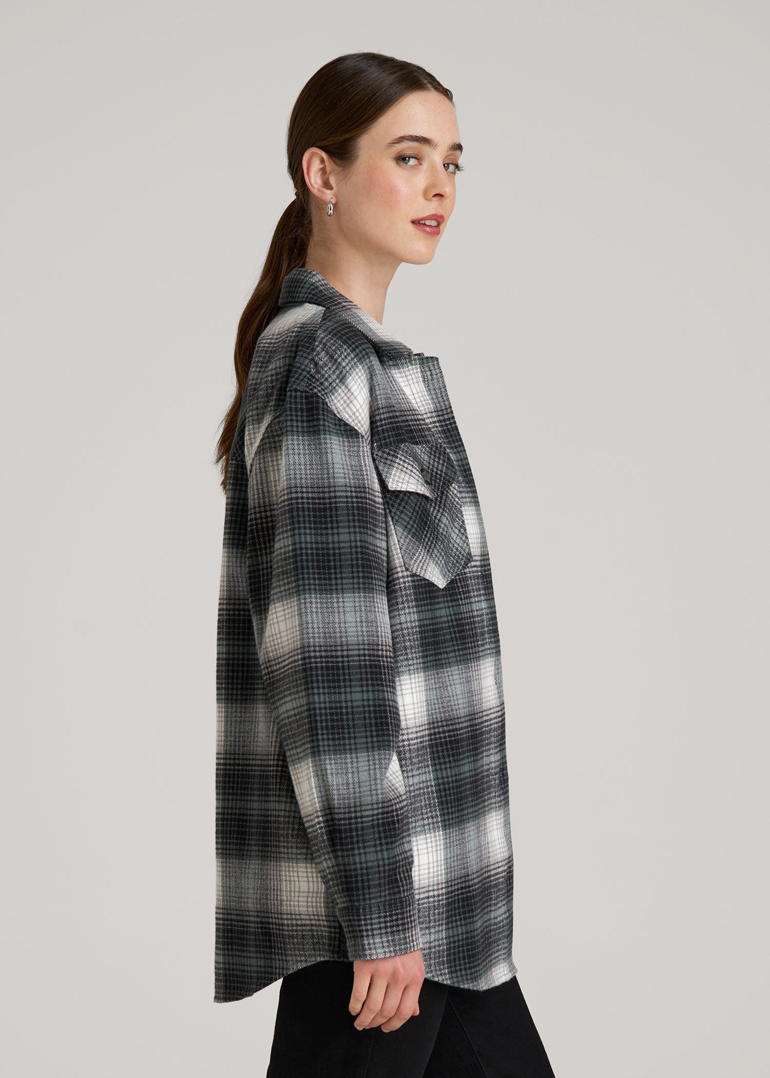 American Tall Women Flannel Shacket for Tall Women in Balsam Green Plaid