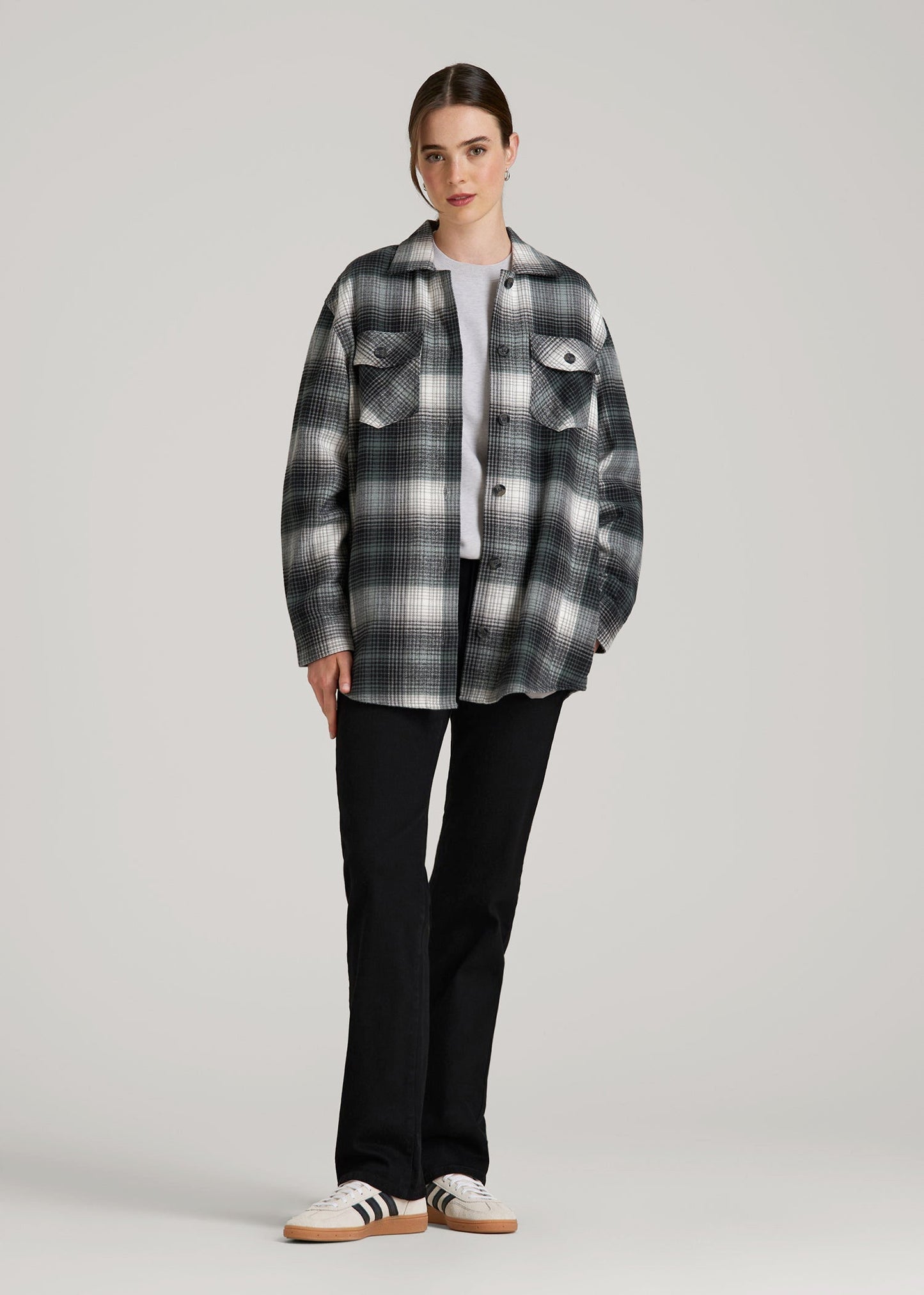 American Tall Women Flannel Shacket for Tall Women in Balsam Green Plaid