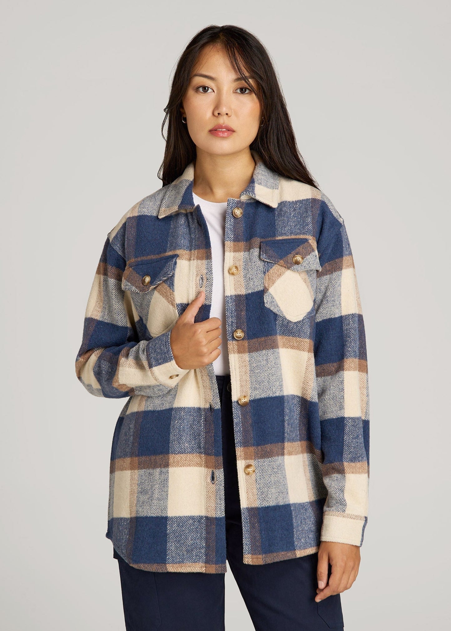 American Tall Women|Men Flannel Shacket for Tall Women in Cream and Denim Blue Plaid