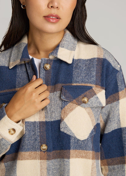 American Tall Women|Men Flannel Shacket for Tall Women in Cream and Denim Blue Plaid