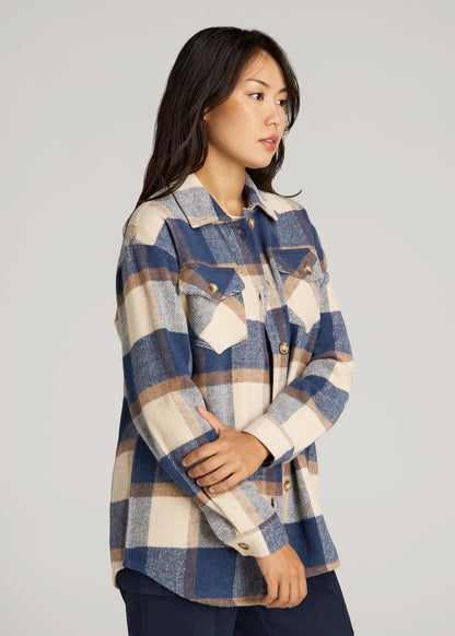 American Tall Women|Men Flannel Shacket for Tall Women in Cream and Denim Blue Plaid