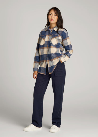 American Tall Women|Men Flannel Shacket for Tall Women in Cream and Denim Blue Plaid
