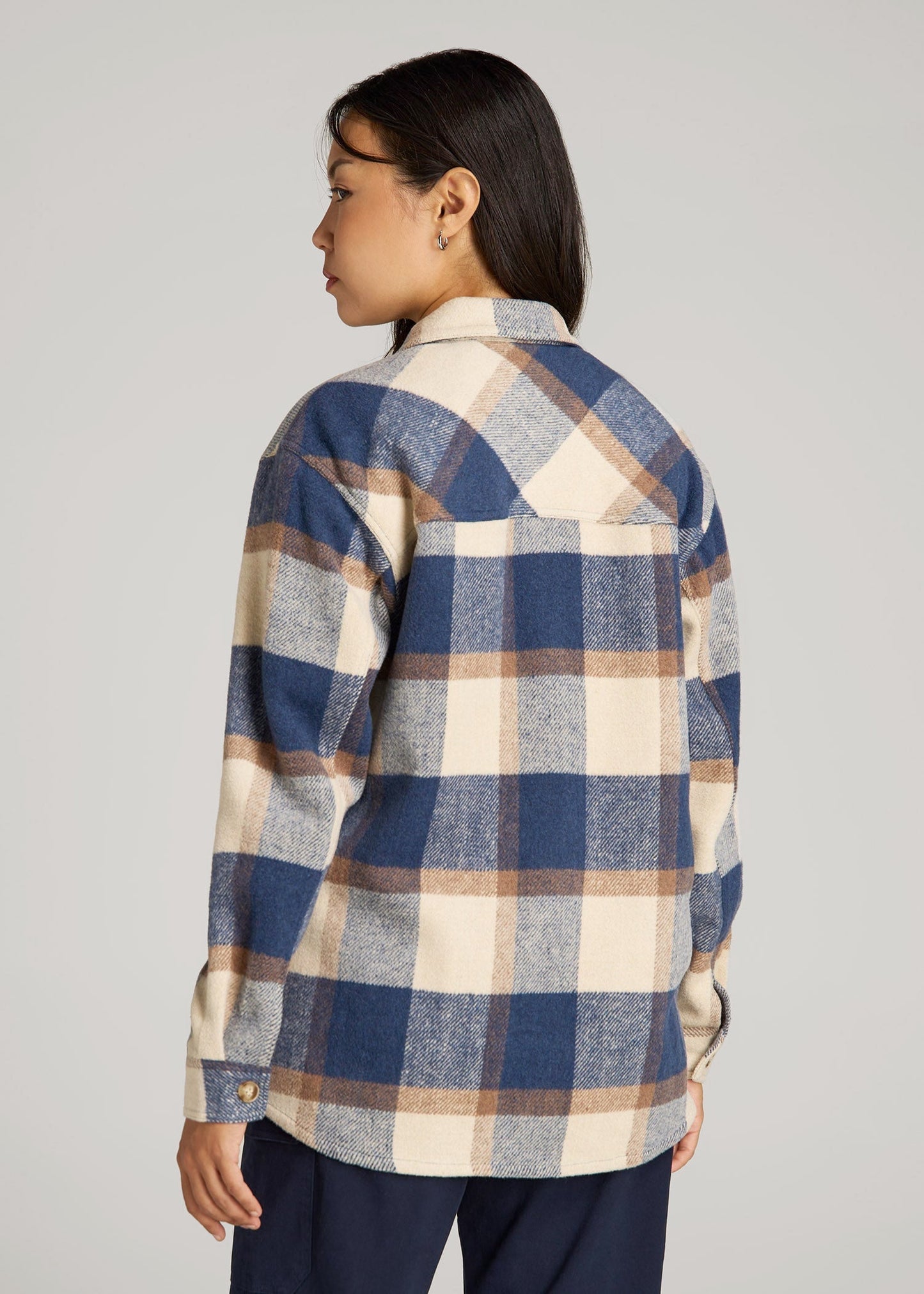 American Tall Women|Men Flannel Shacket for Tall Women in Cream and Denim Blue Plaid