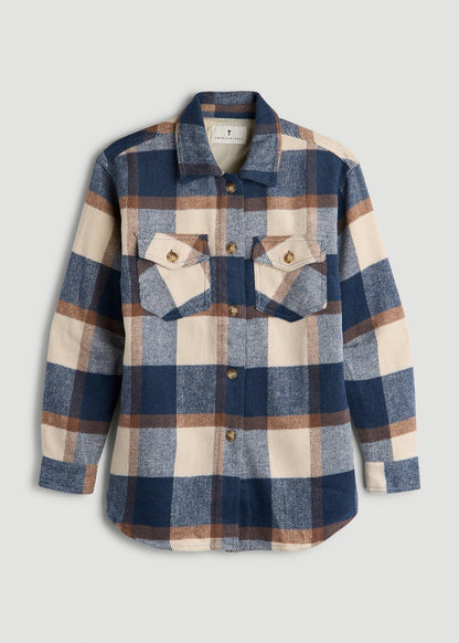 American Tall Women|Men Flannel Shacket for Tall Women in Cream and Denim Blue Plaid
