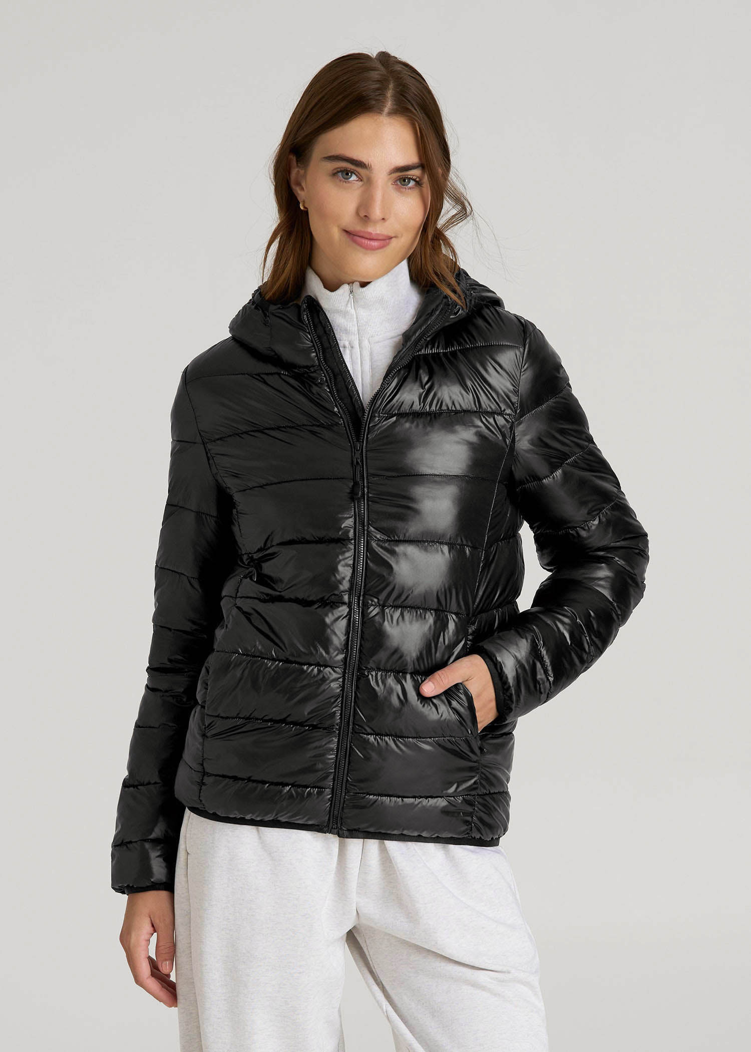 American Tall Women|Men Packable Short Puffer Jacket for Tall Women in Glossy Black