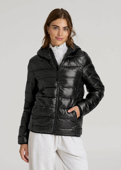 American Tall Women|Men Packable Short Puffer Jacket for Tall Women in Glossy Black