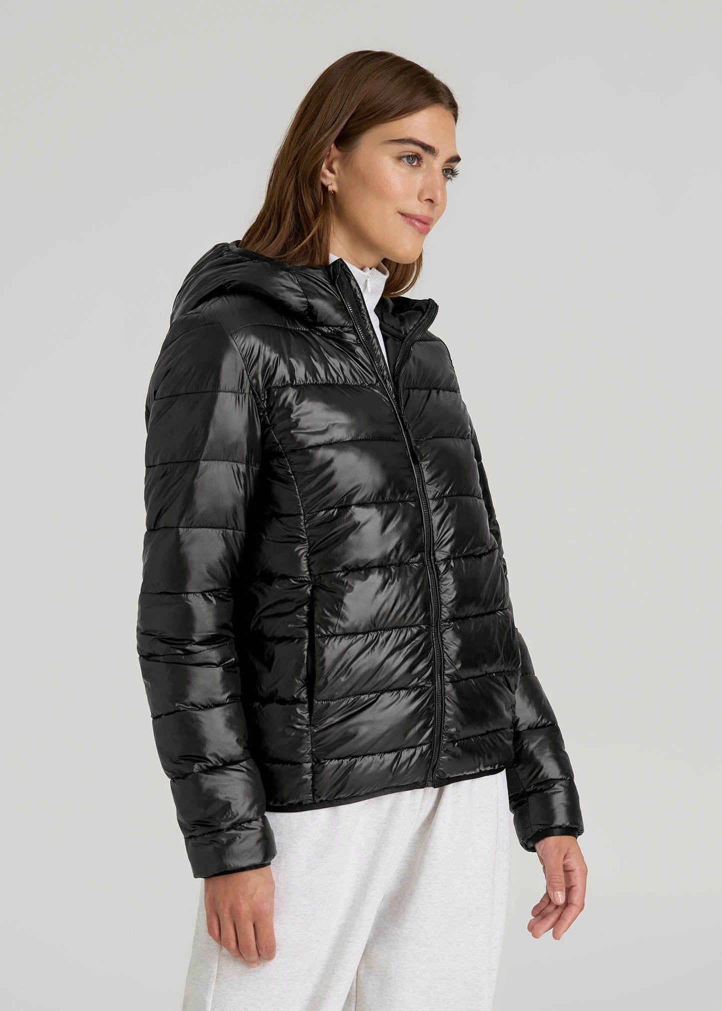 American Tall Women|Men Packable Short Puffer Jacket for Tall Women in Glossy Black