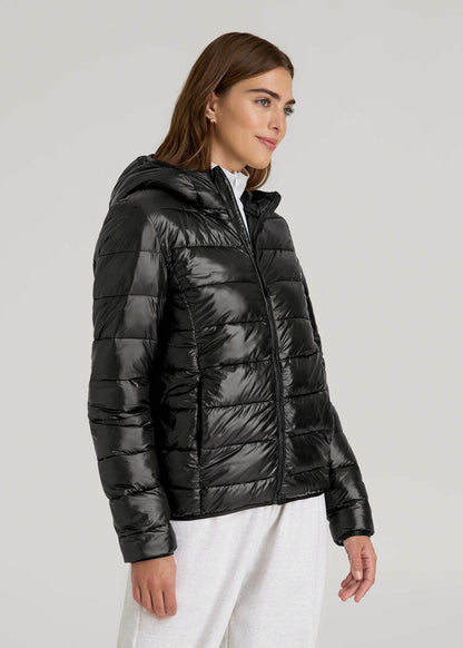 American Tall Women|Men Packable Short Puffer Jacket for Tall Women in Glossy Black