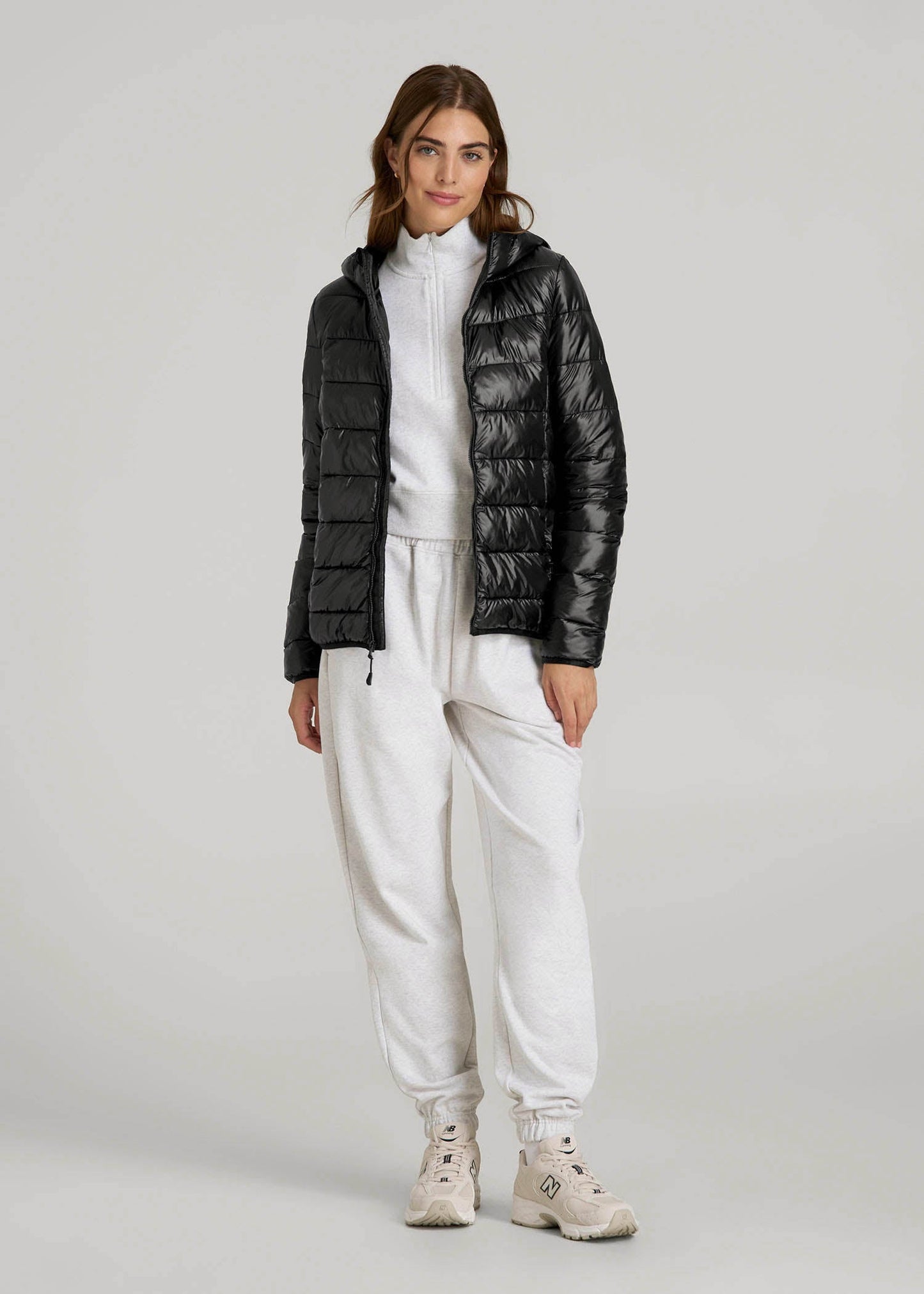 American Tall Women|Men Packable Short Puffer Jacket for Tall Women in Glossy Black
