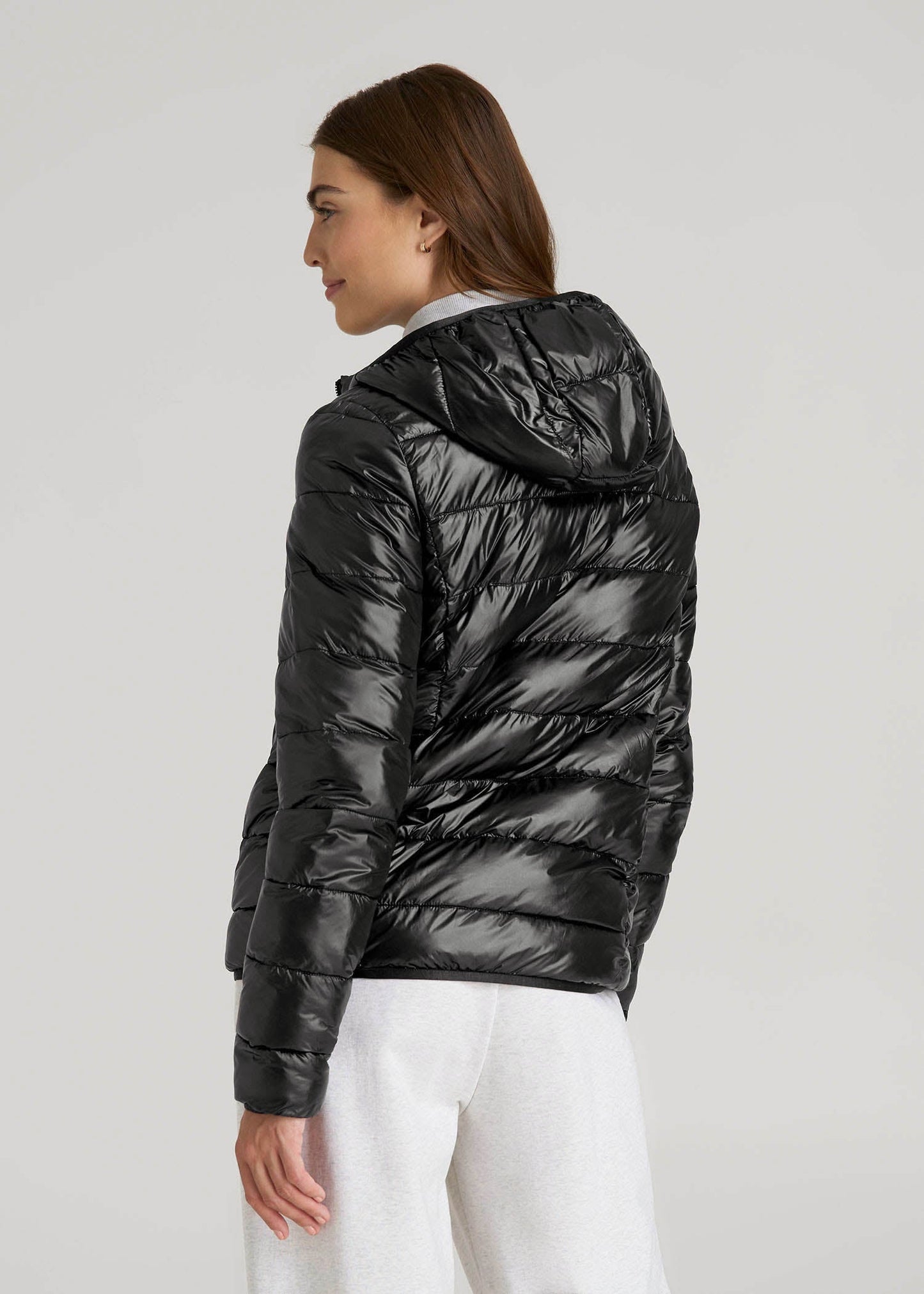 American Tall Women|Men Packable Short Puffer Jacket for Tall Women in Glossy Black