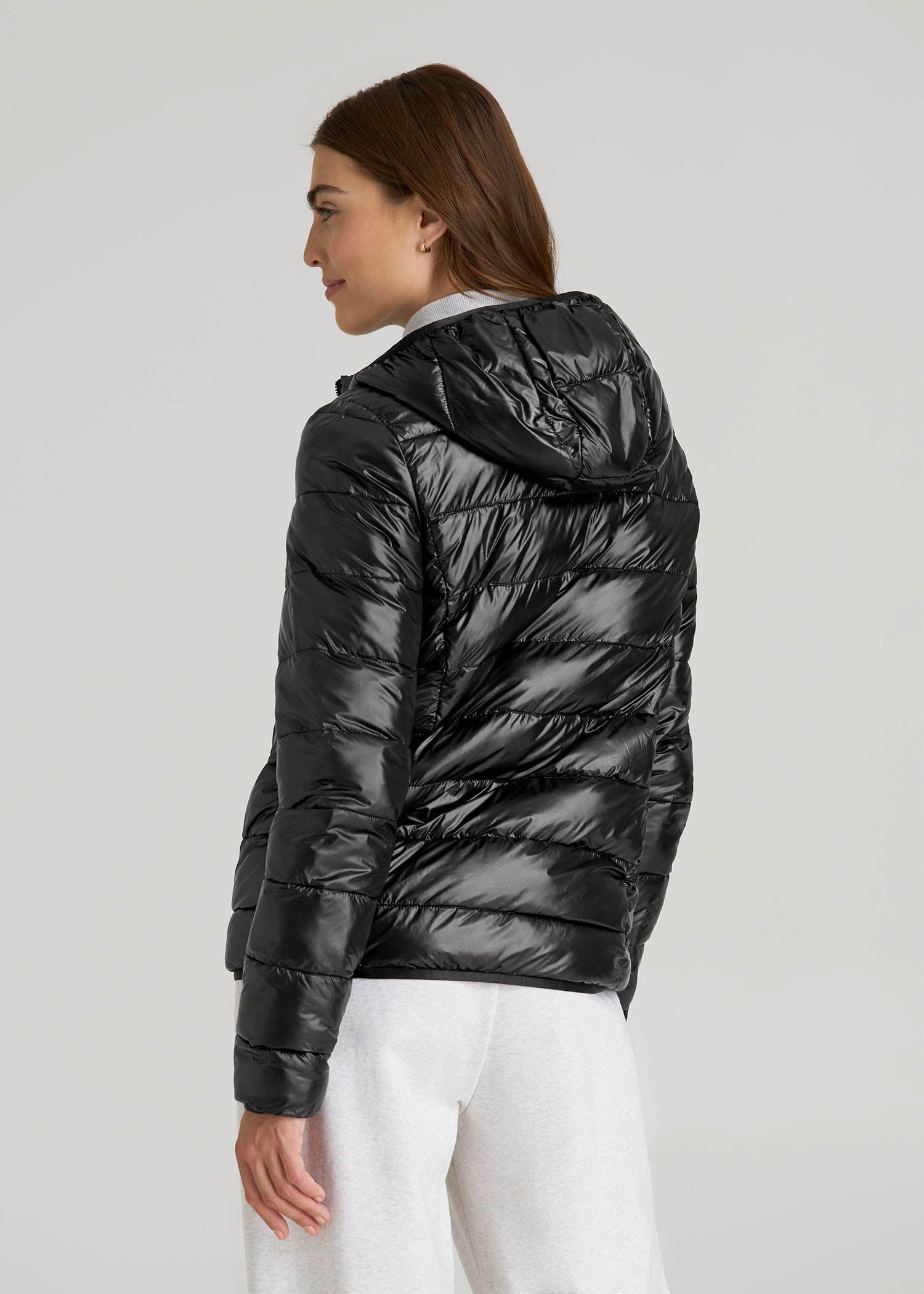 American Tall Women|Men Packable Short Puffer Jacket for Tall Women in Glossy Black