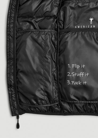 American Tall Women|Men Packable Short Puffer Jacket for Tall Women in Glossy Black