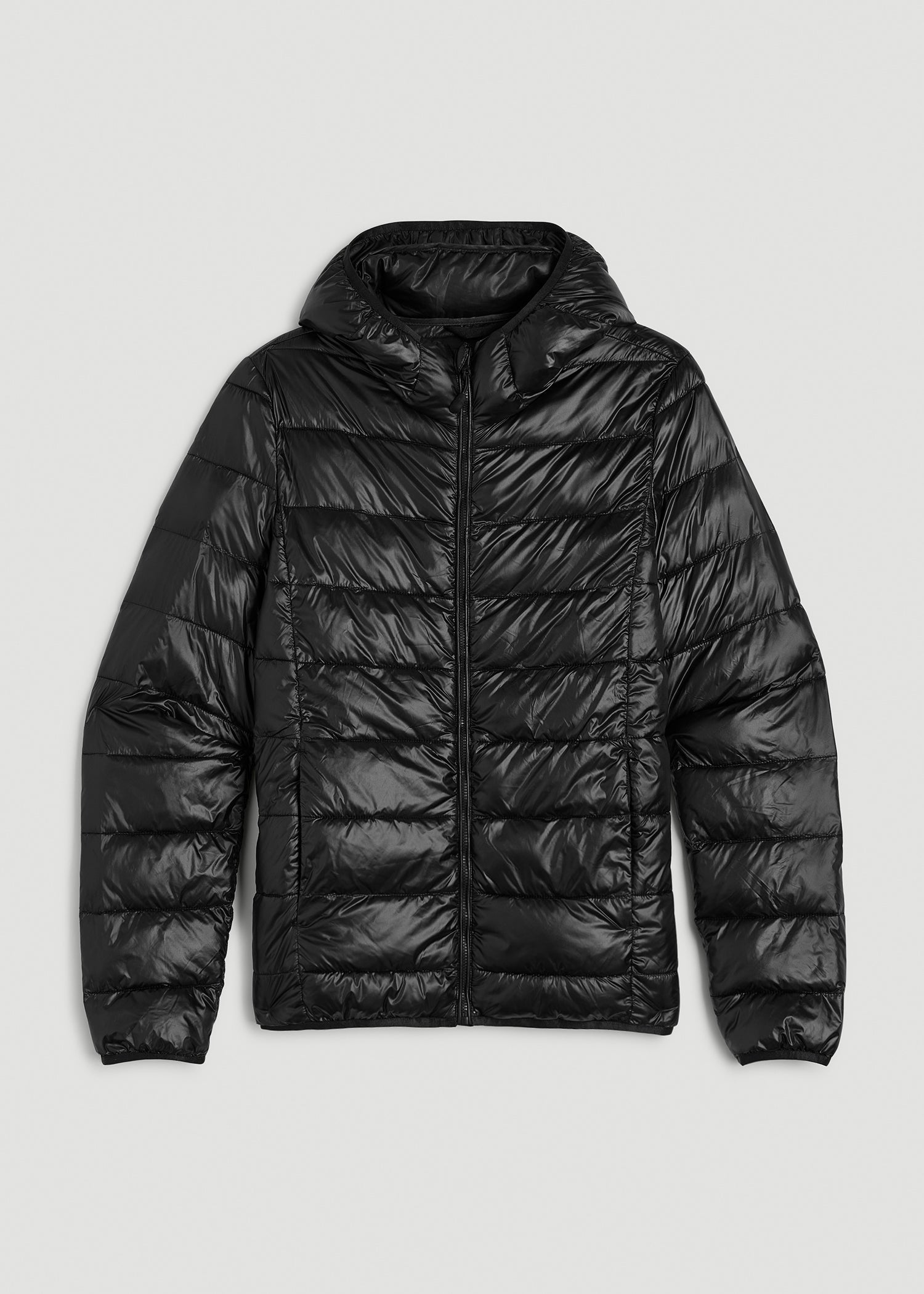 American Tall Women|Men Packable Short Puffer Jacket for Tall Women in Glossy Black
