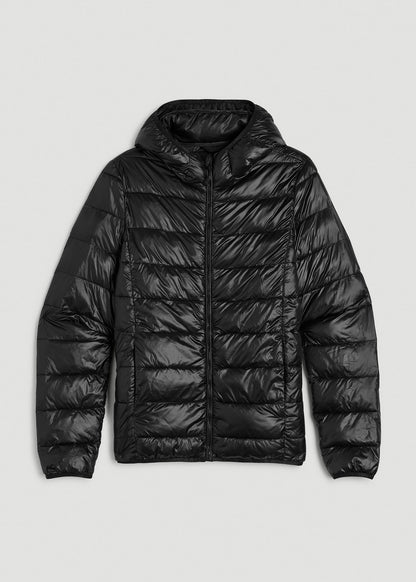 American Tall Women|Men Packable Short Puffer Jacket for Tall Women in Glossy Black