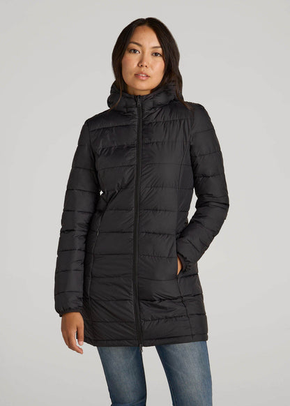 American Tall Women Packable Puffer Jacket for Tall Women in Black
