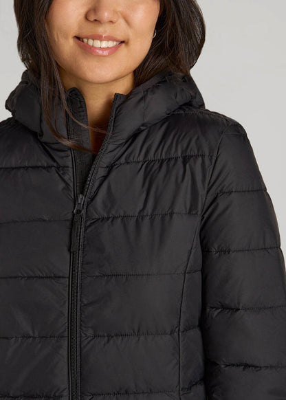 American Tall Women Packable Puffer Jacket for Tall Women in Black