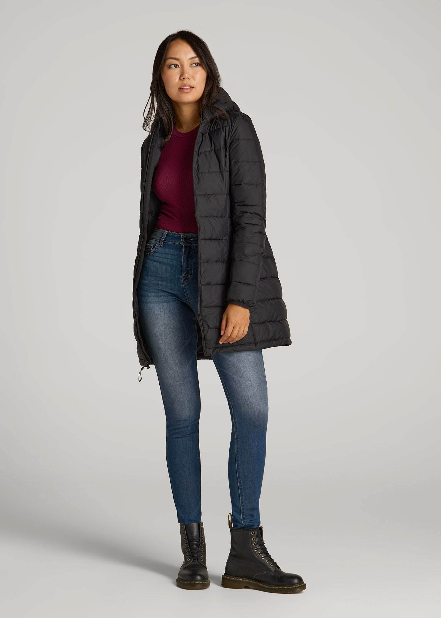 American Tall Women Packable Puffer Jacket for Tall Women in Black