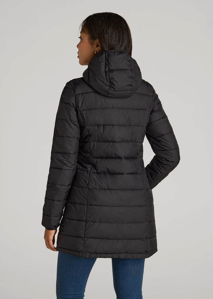 American Tall Women Packable Puffer Jacket for Tall Women in Black
