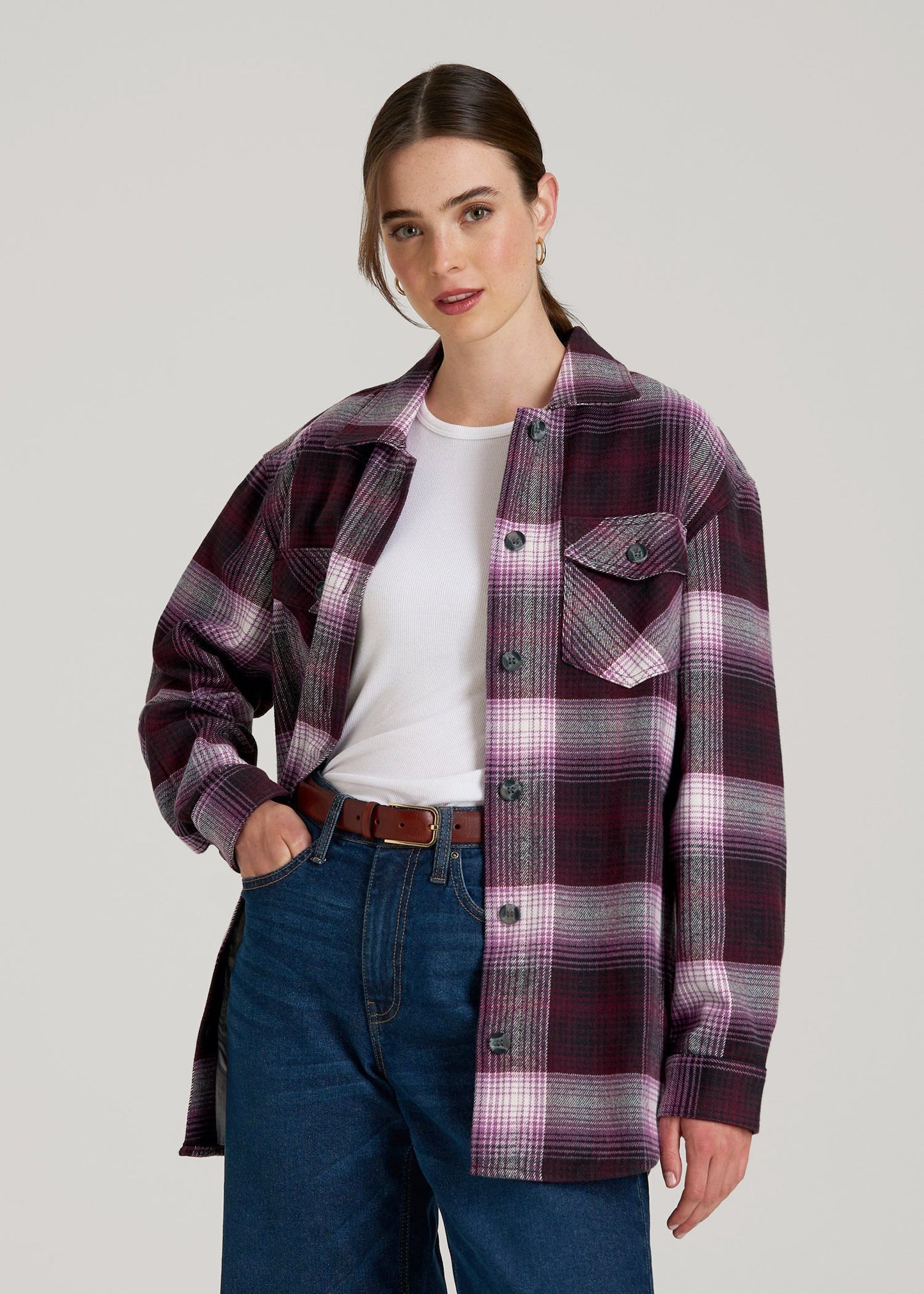 American Tall Women Flannel Shacket for Tall Women in Tawny Port Plaid