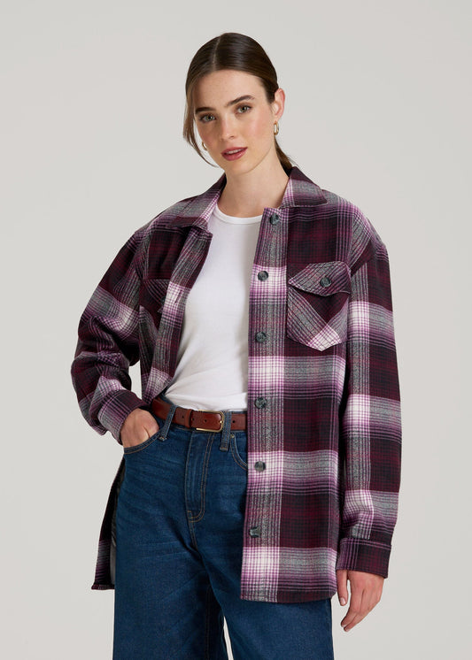 American Tall Women Flannel Shacket for Tall Women in Tawny Port Plaid