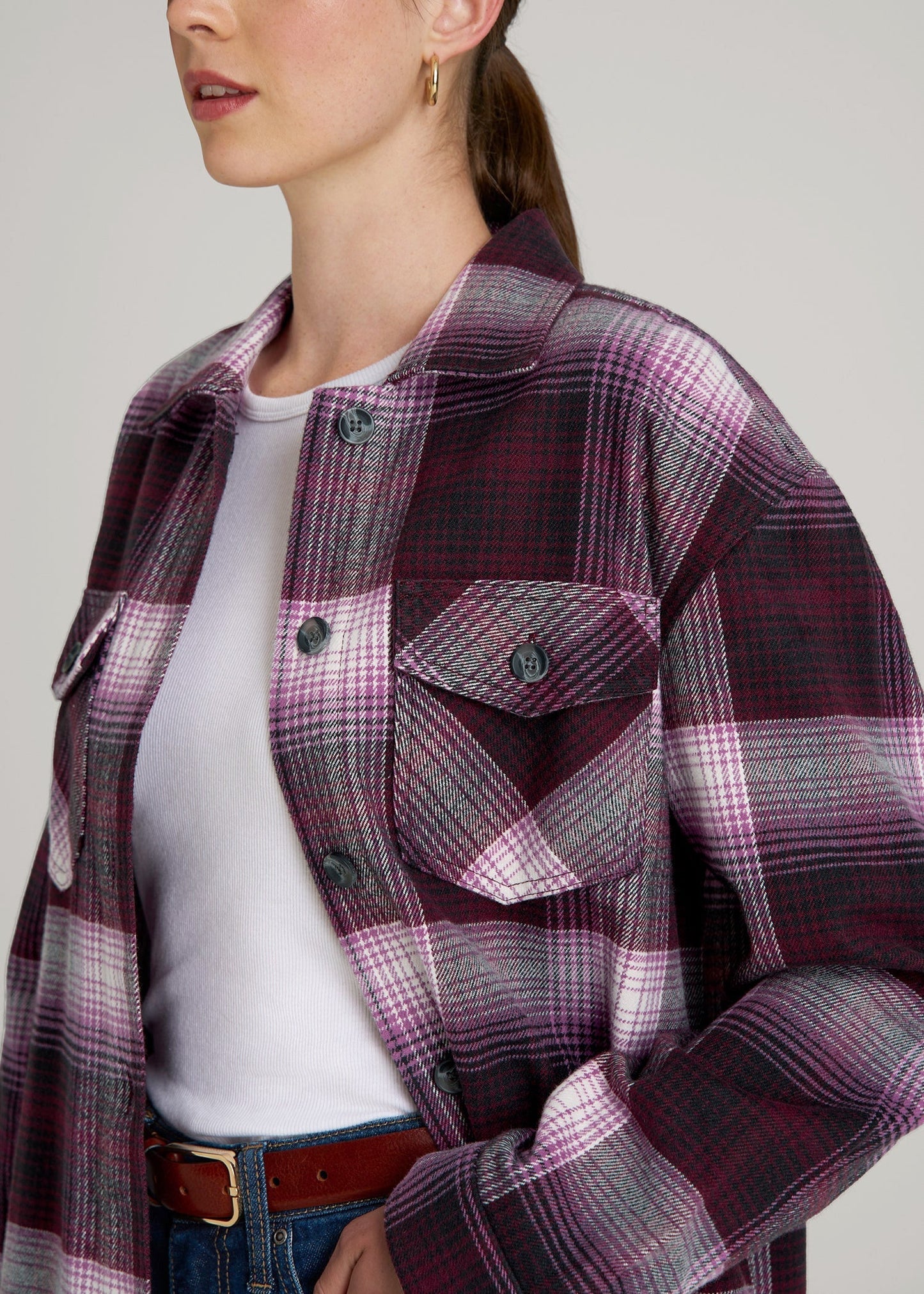 American Tall Women Flannel Shacket for Tall Women in Tawny Port Plaid