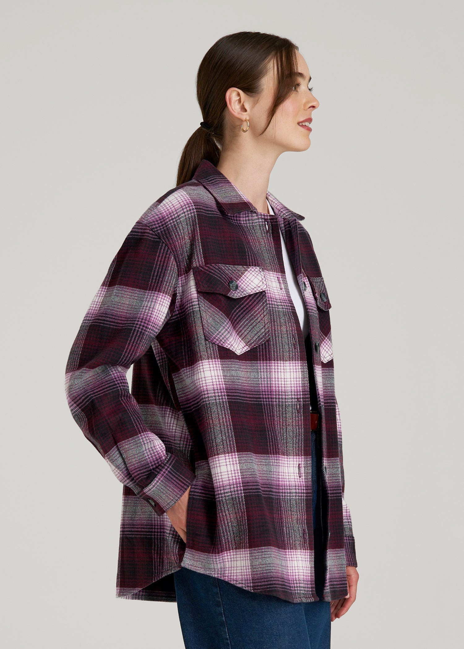 American Tall Women Flannel Shacket for Tall Women in Tawny Port Plaid