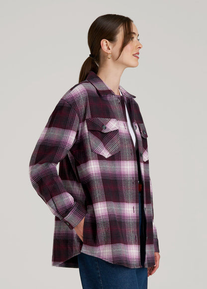 American Tall Women Flannel Shacket for Tall Women in Tawny Port Plaid