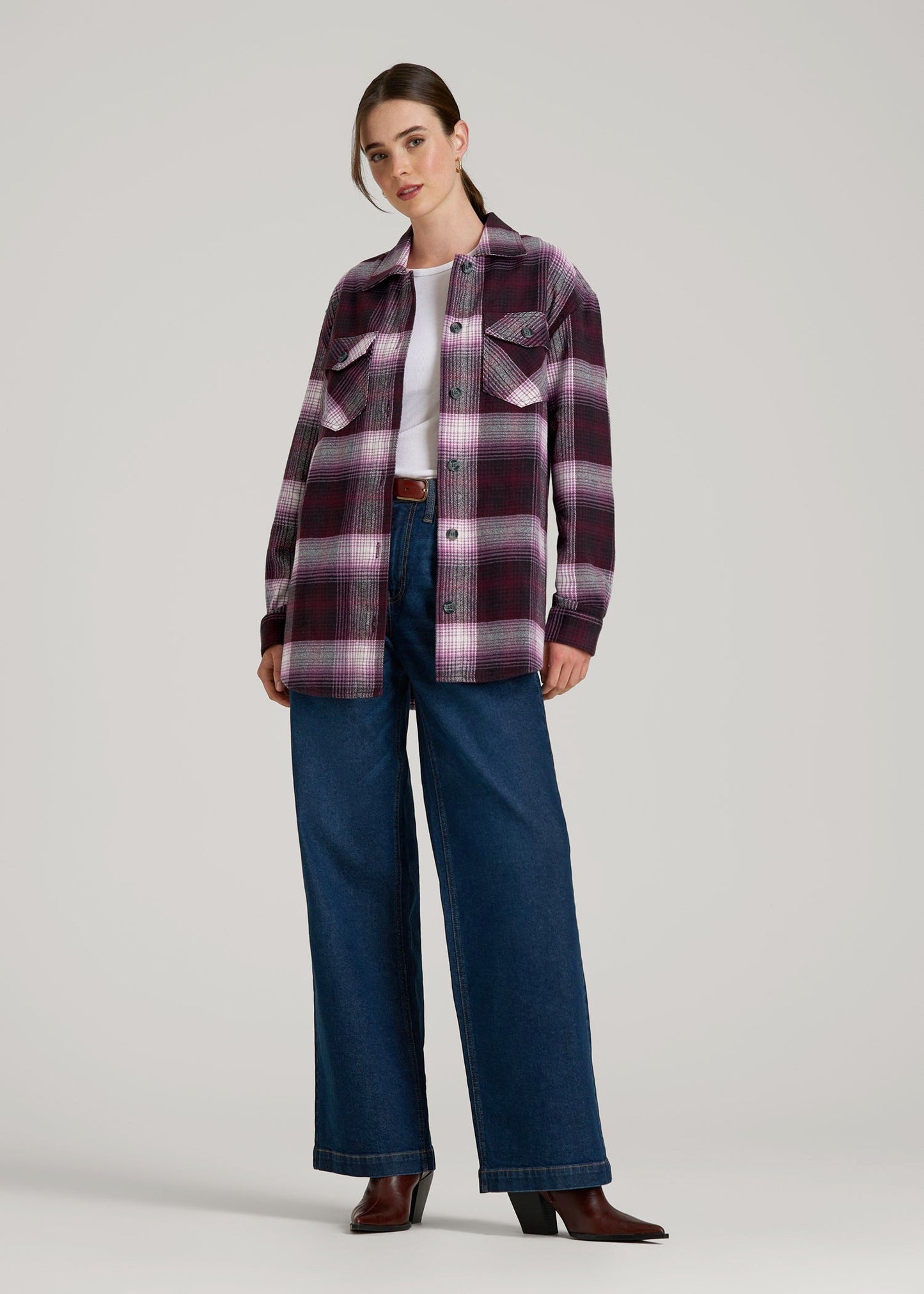American Tall Women Flannel Shacket for Tall Women in Tawny Port Plaid
