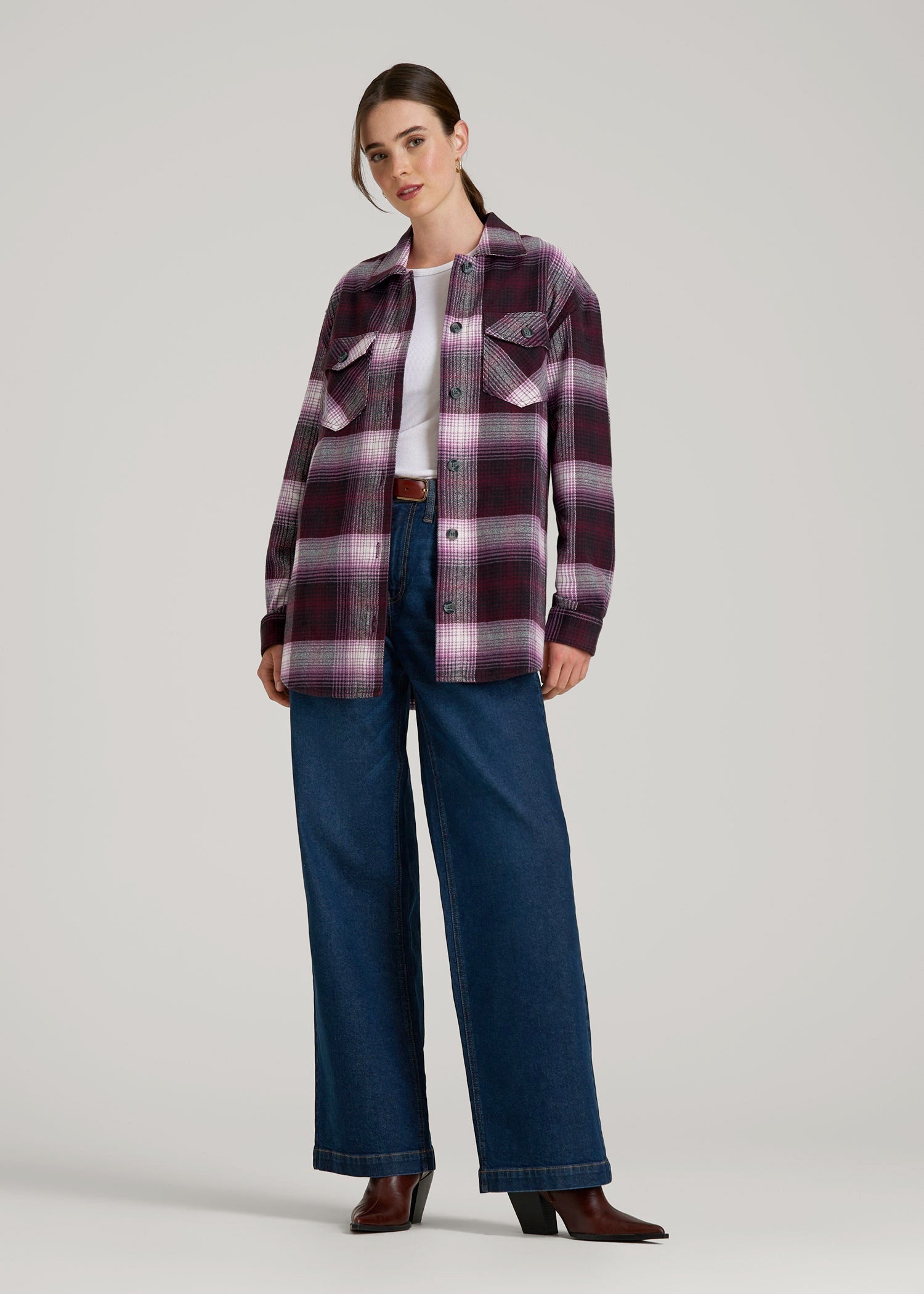 American Tall Women Flannel Shacket for Tall Women in Tawny Port Plaid