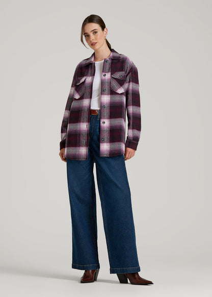 American Tall Women Flannel Shacket for Tall Women in Tawny Port Plaid