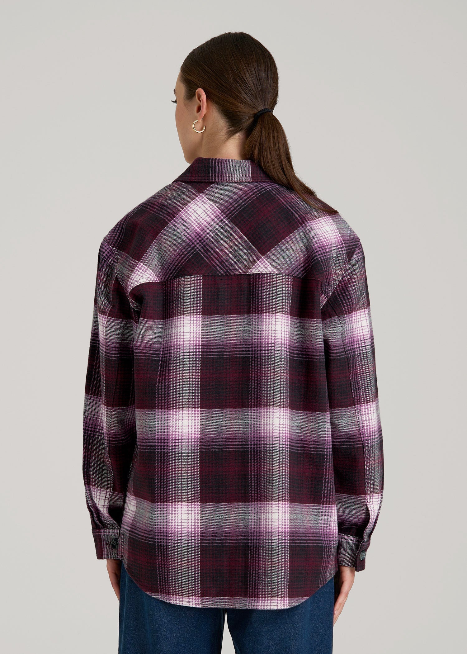 American Tall Women Flannel Shacket for Tall Women in Tawny Port Plaid
