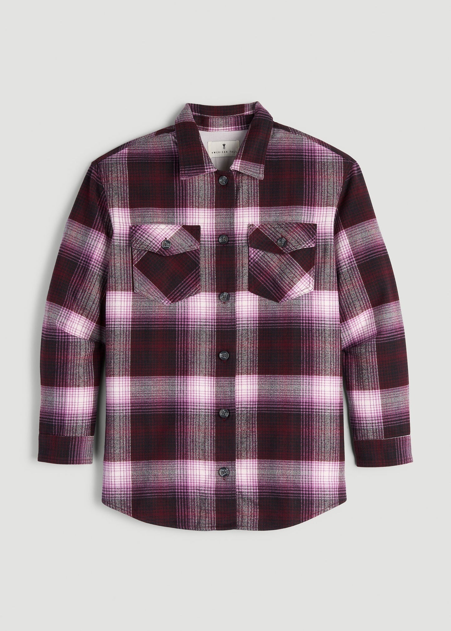 American Tall Women Flannel Shacket for Tall Women in Tawny Port Plaid