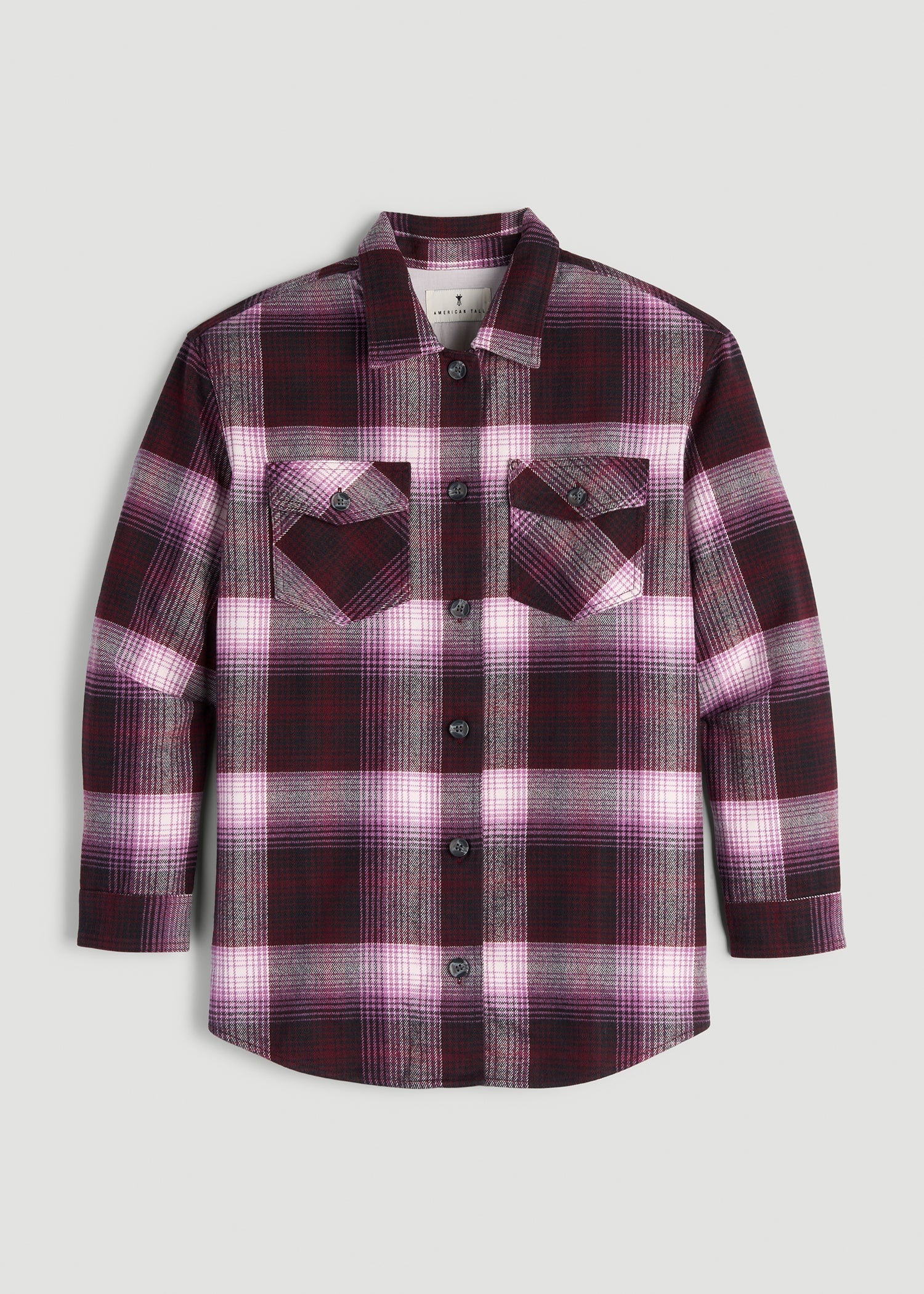 American Tall Women Flannel Shacket for Tall Women in Tawny Port Plaid