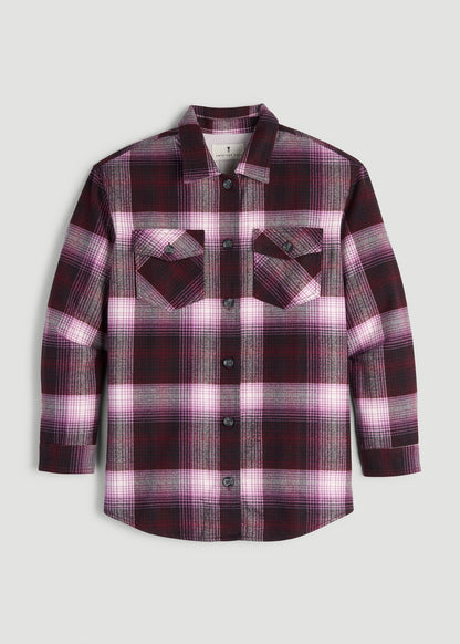 American Tall Women Flannel Shacket for Tall Women in Tawny Port Plaid