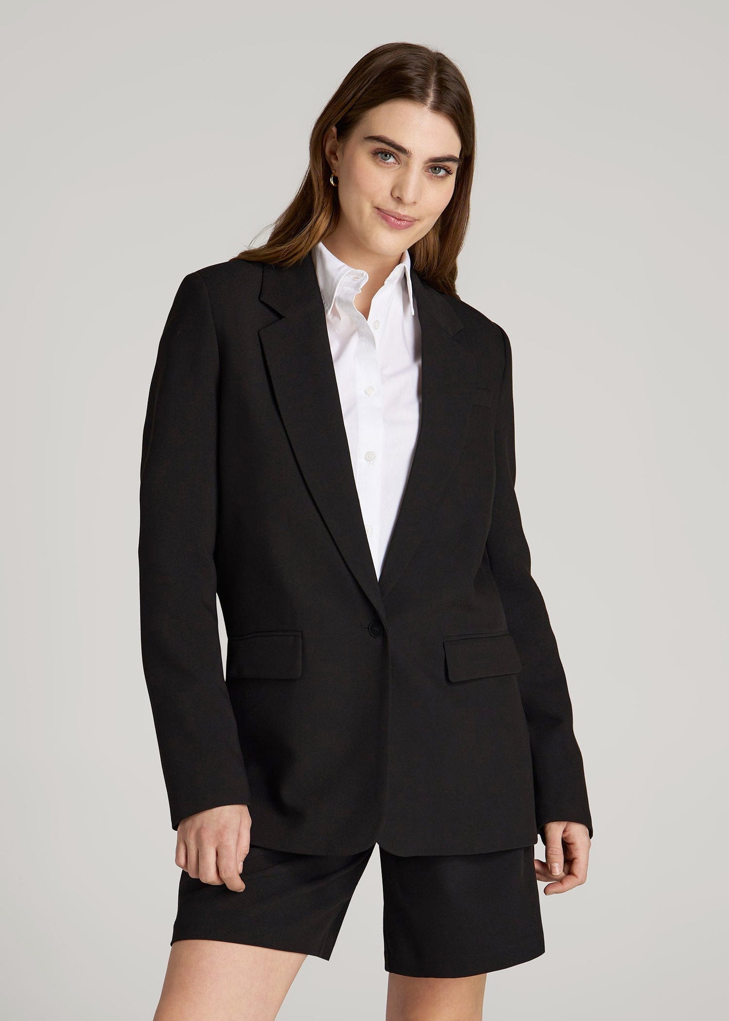 American Tall Women Boyfriend Fit Single-Button Blazer for Tall Women in Black