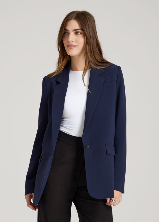 American Tall Women Boyfriend Fit Single-Button Blazer for Tall Women in Navy