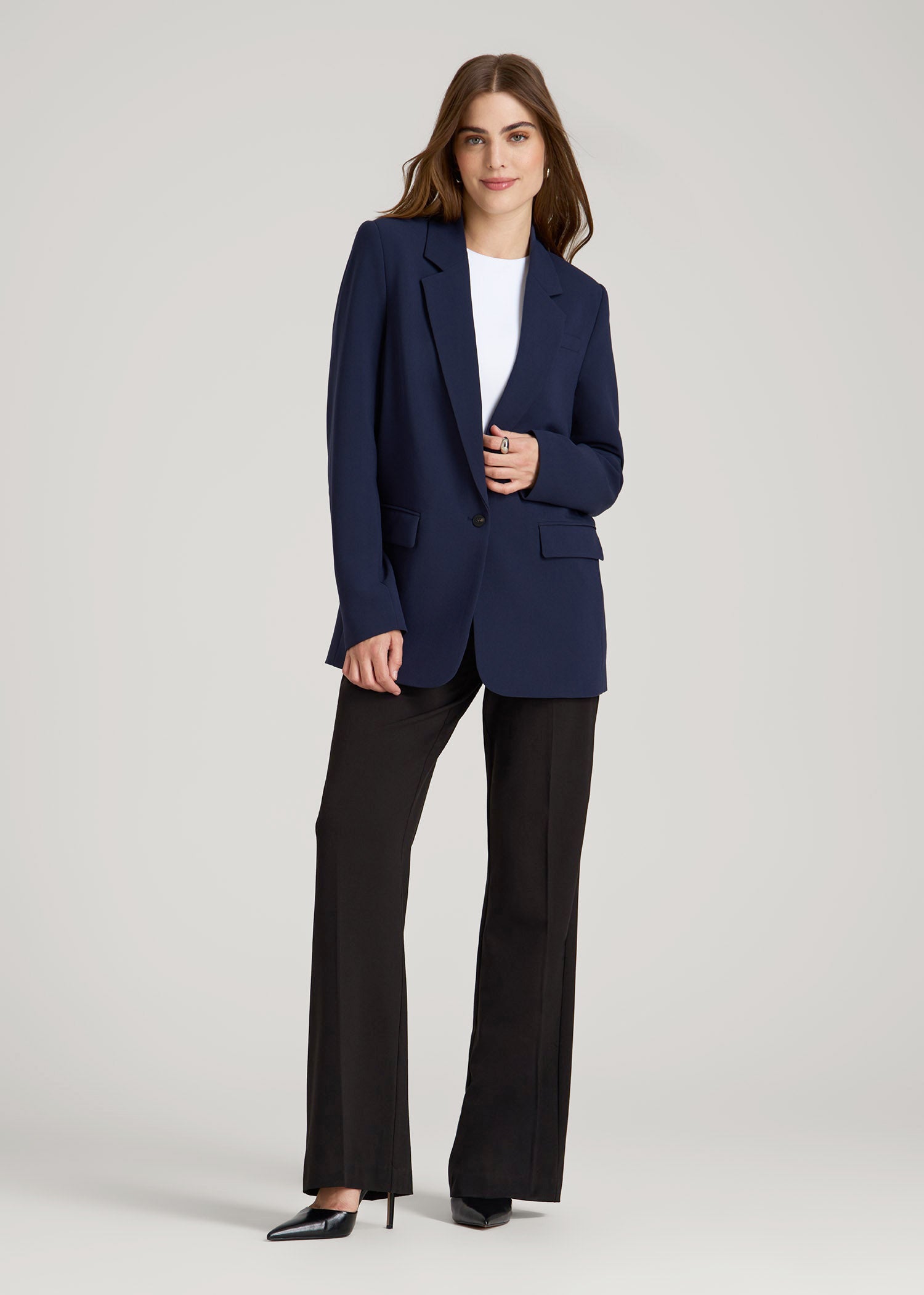 American Tall Women Boyfriend Fit Single-Button Blazer for Tall Women in Navy