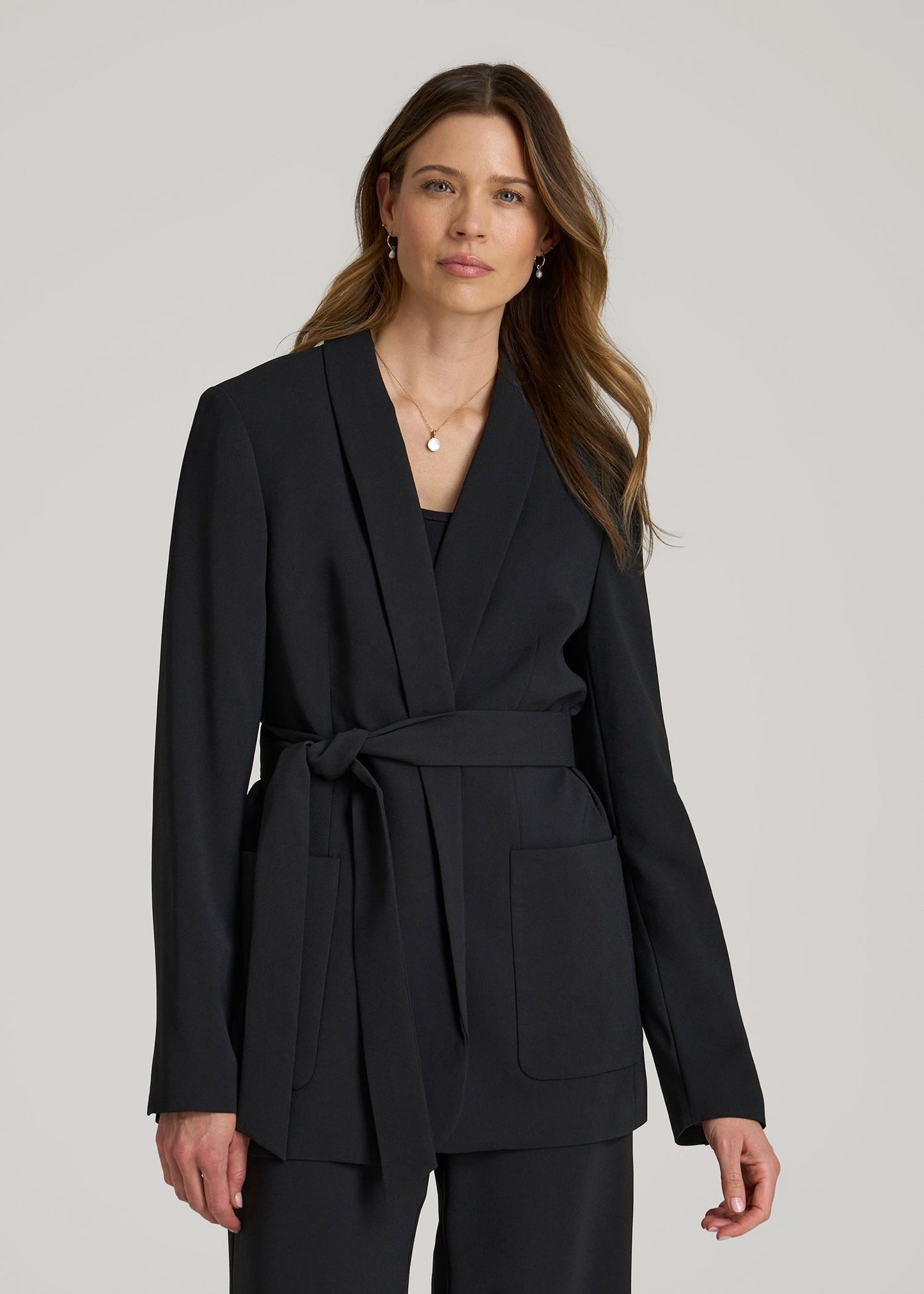 American Tall Women Crepe Wrap Blazer for Tall Women in Black