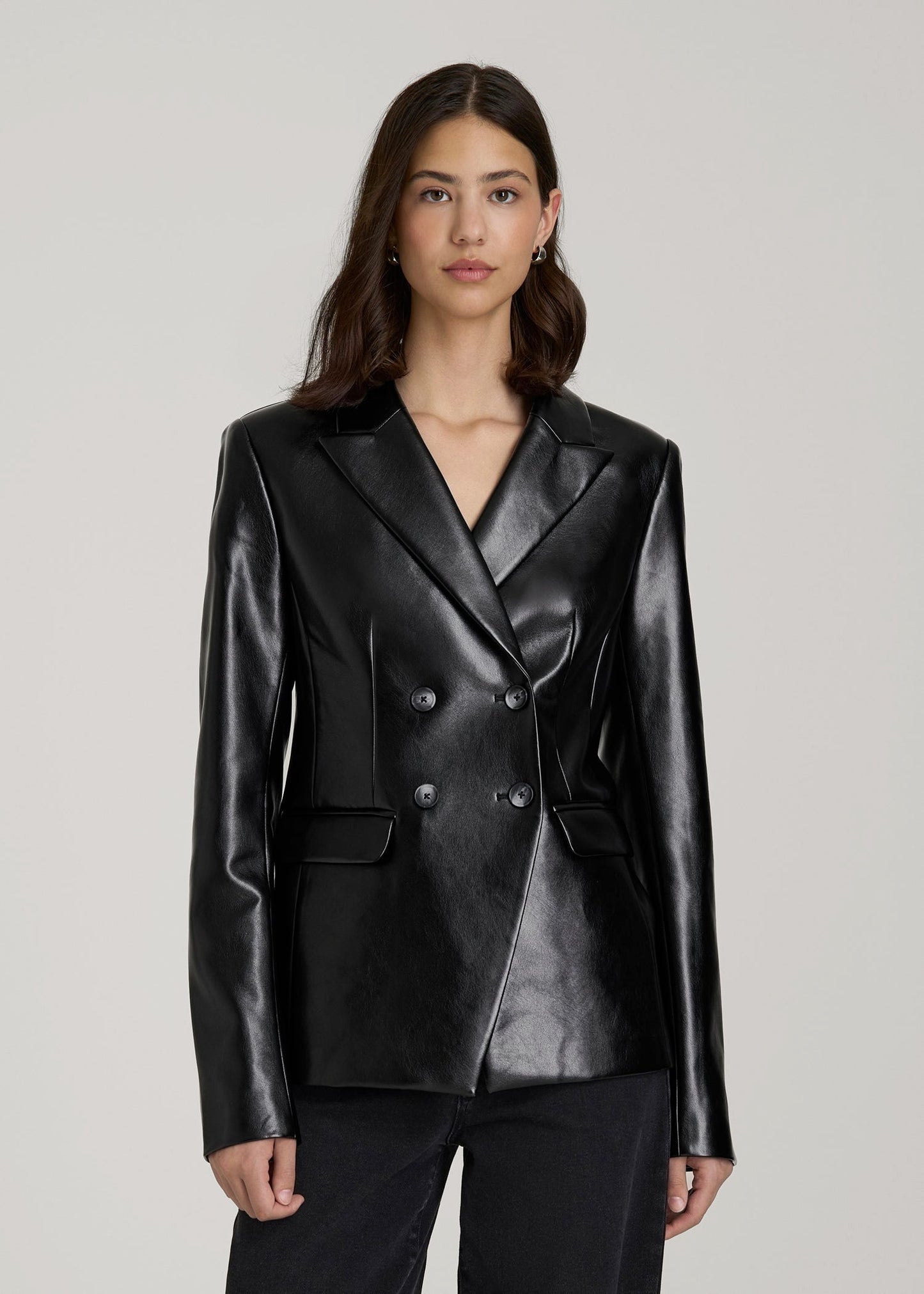 American Tall Women True Touch Leather Double Breasted Blazer for Tall Women in Black