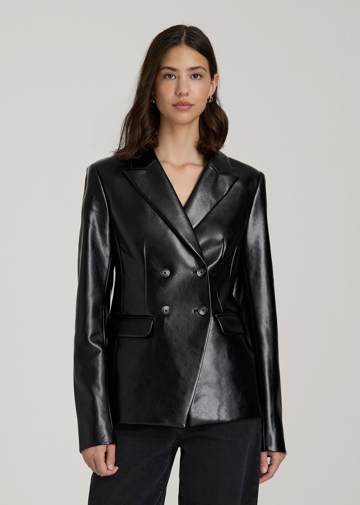 American Tall Women True Touch Leather Double Breasted Blazer for Tall Women in Black