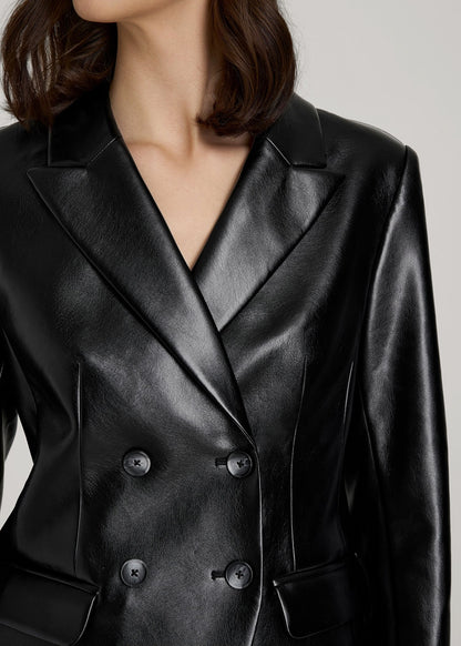 American Tall Women True Touch Leather Double Breasted Blazer for Tall Women in Black
