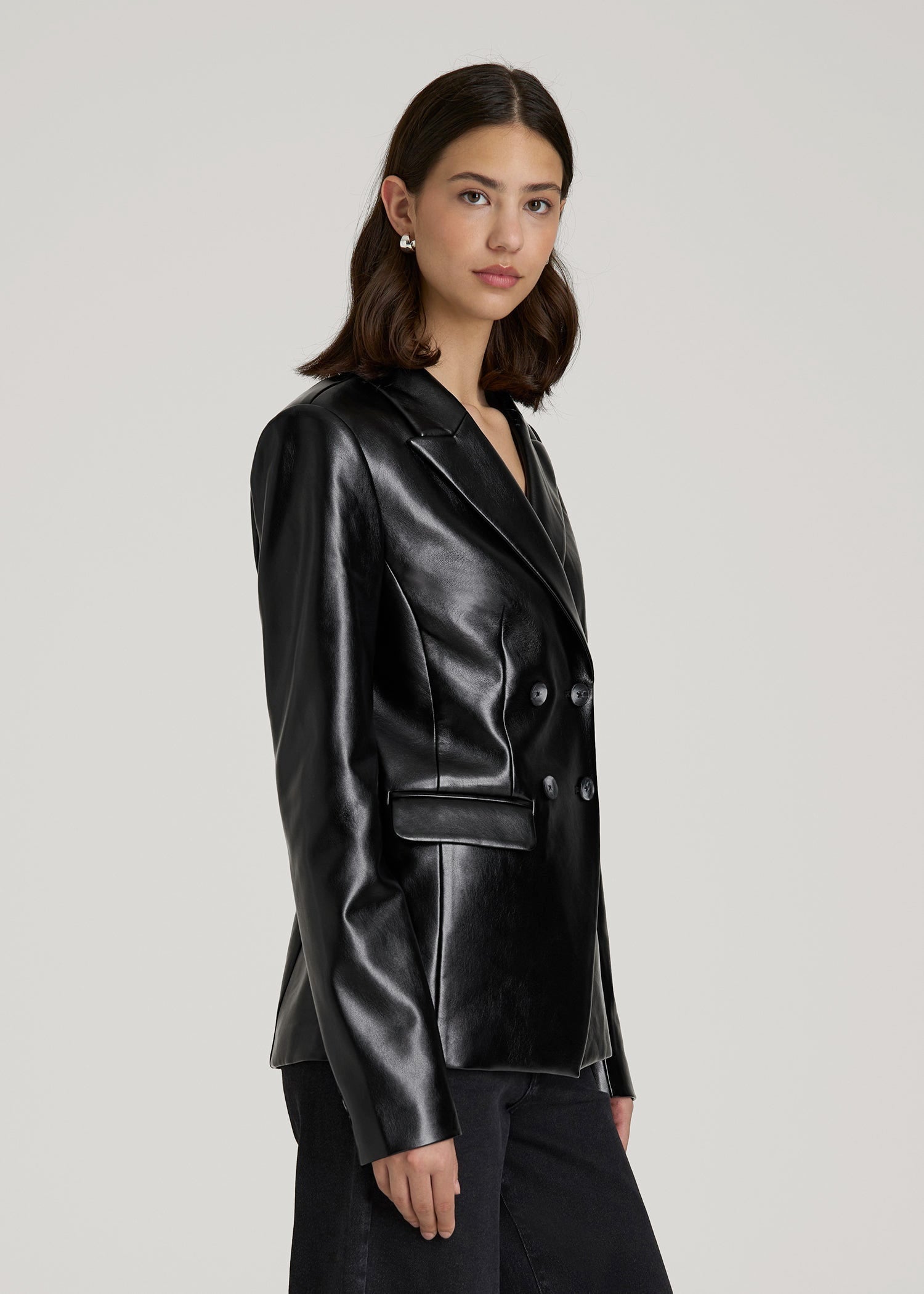American Tall Women True Touch Leather Double Breasted Blazer for Tall Women in Black
