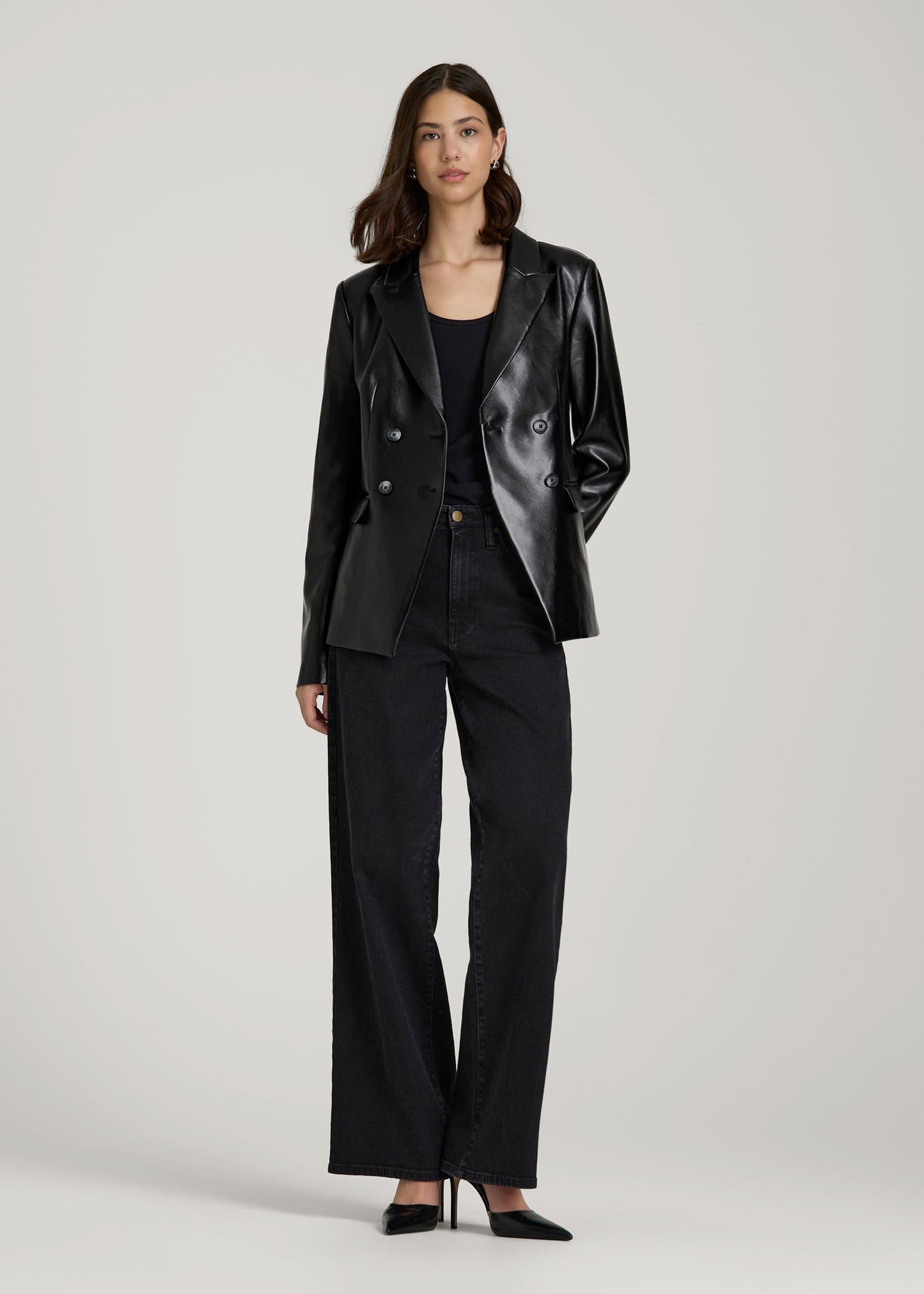 American Tall Women True Touch Leather Double Breasted Blazer for Tall Women in Black