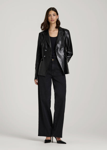 American Tall Women True Touch Leather Double Breasted Blazer for Tall Women in Black