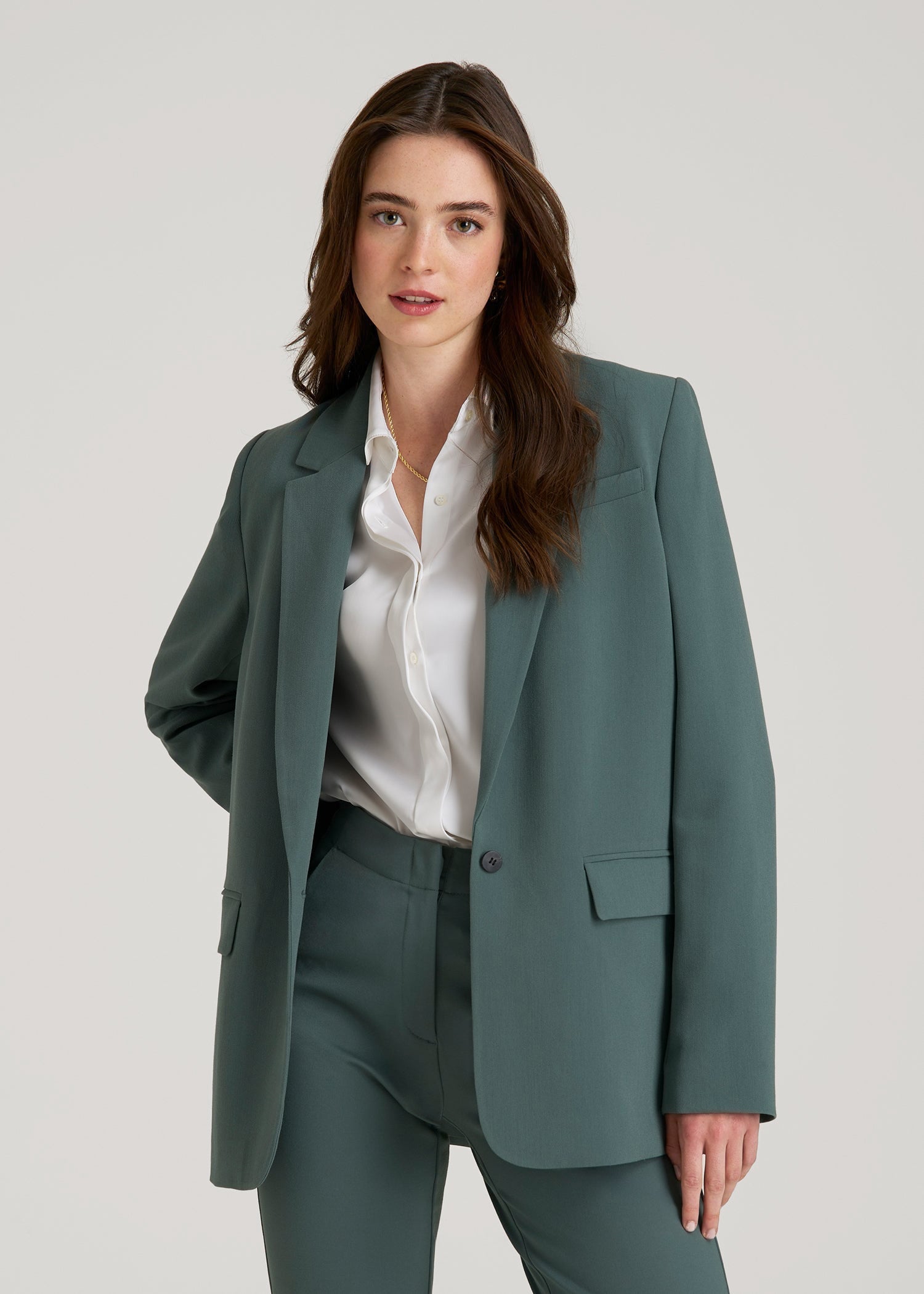 American Tall Women Boyfriend Fit Single-Button Blazer for Tall Women in Balsam Green